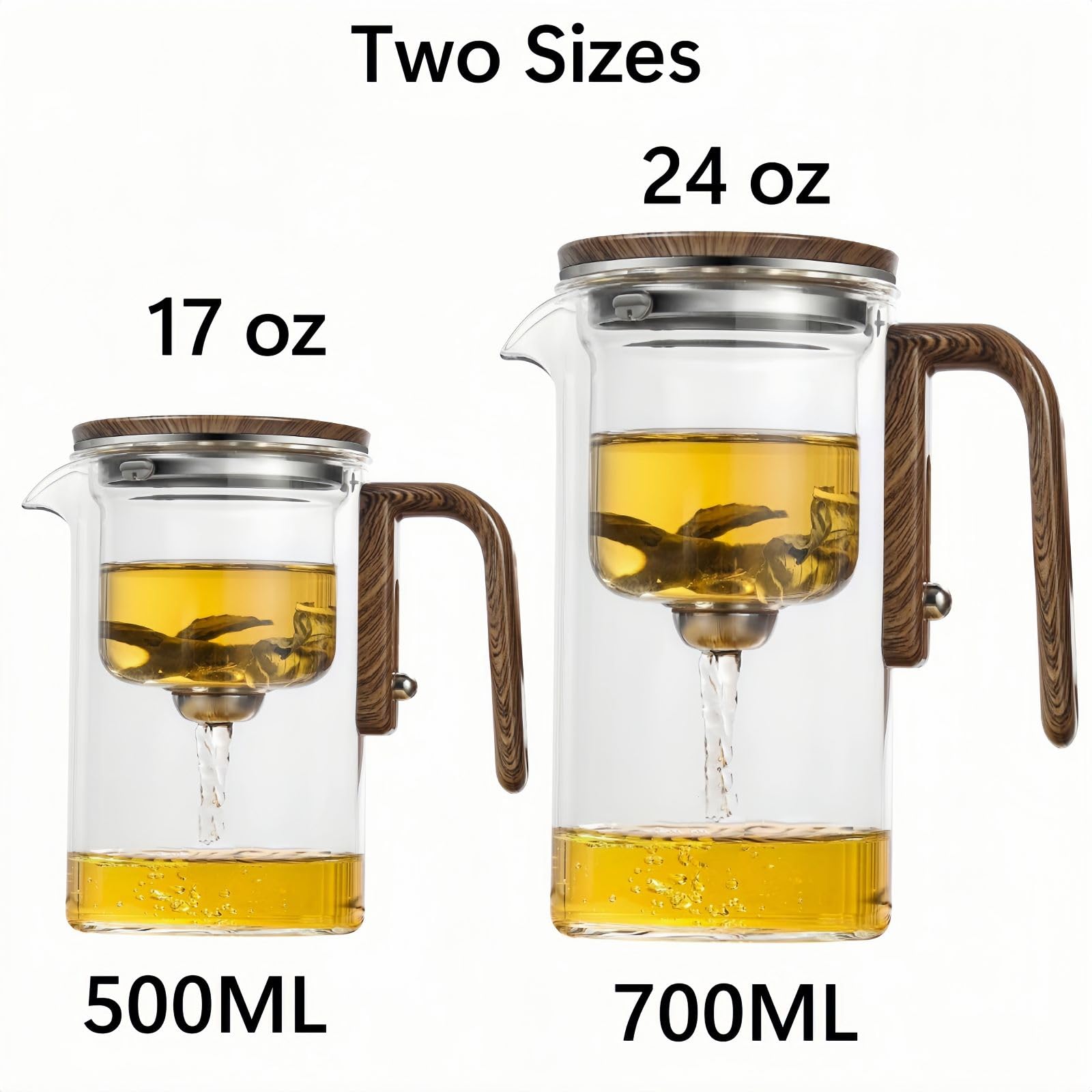 ThéIèRe En Verre Avec SéParation D'Eau Et Manche En Bois, ThéIèRe En Verre Avec Infuseur à Pression, ThéIèRe En Verre Transparent, Pour Thé En Fleurs Et Thé En Feuilles (700ML)