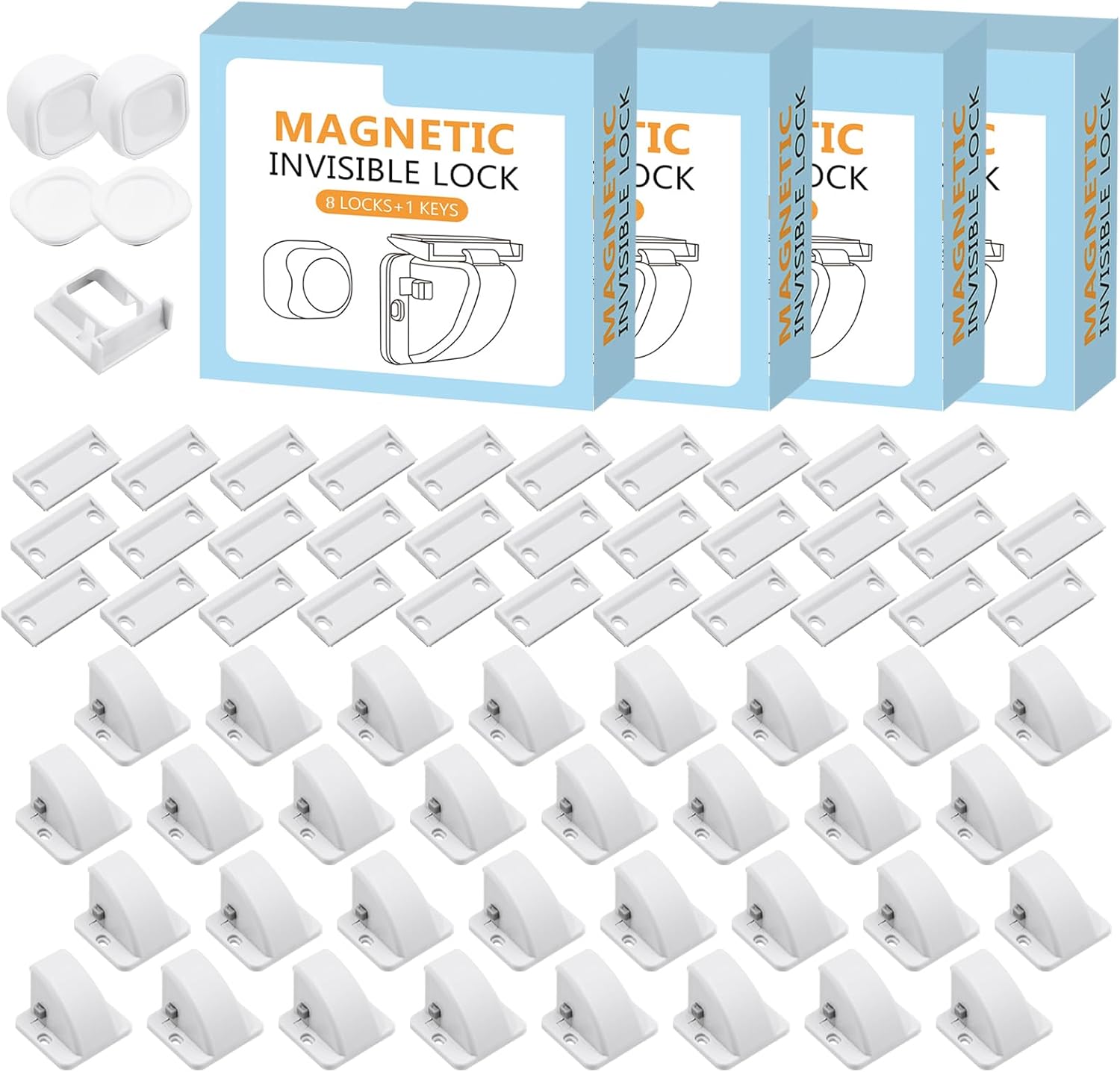 Magnetic Cabinet Locks for Baby Safety, No Drill Adhesive Child Proof Latches, No Tools Needed for Easy Installation, Secure and Multi-Purpose for Drawers and Cupboards(32 locks and 2 Key)