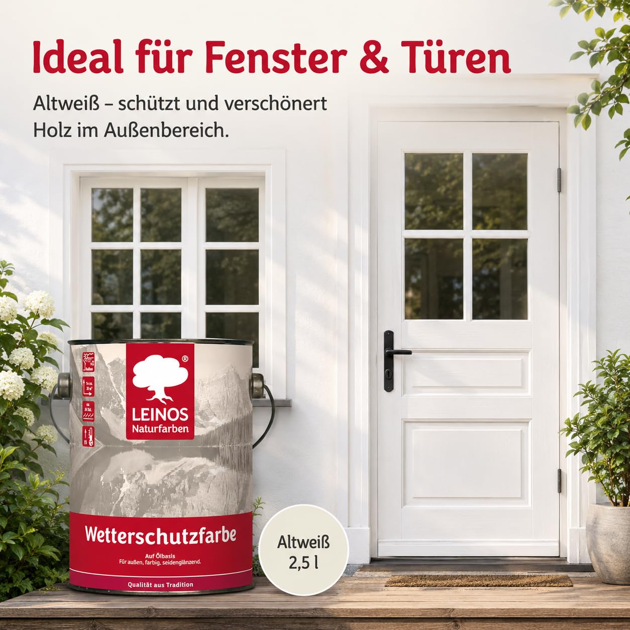 LEINOS Wetterschutzfarbe 2,5 l | Altweiß Holzlasur für Holzfassaden Fenster Gartenhäuser | wetterbeständige Deckfarbe, effektive Versiegelung, langanhaltender Schutz auf Ölbasis im Außenbereich
