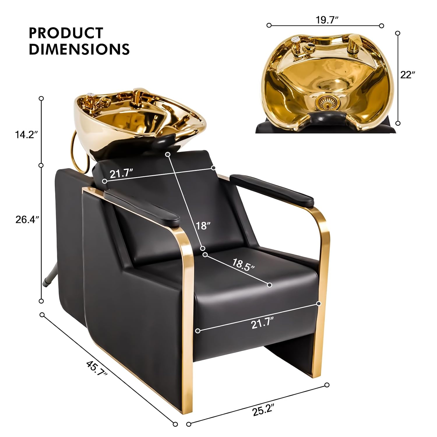 Artist hand Shampoo Chair with Adjustable Neck Rest – Durable Wash Chair with High-End Ceramic Shampoo Bowl, Retro Design, Easy-to-Clean, Professional Salon Equipment (Gold)