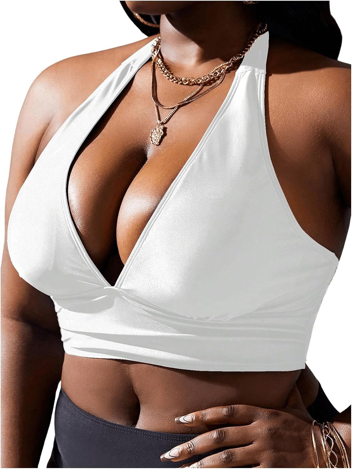 MakeMeChic Women's Plus Size Halter Bikini Top Tie Back Beach Bathing Suit Swimsuit Tops