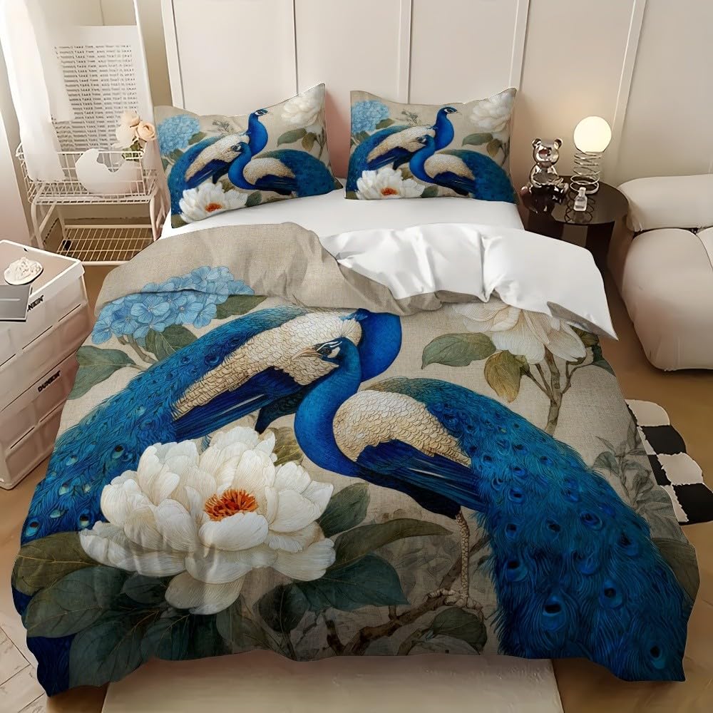 Pawie kwiaty retro poszewki na kołdrę Pościel 240 x 220 cm miękka wygodna niebieska mikrofibra poszewka na kołdrę zestaw pościeli z zamkiem błyskawicznym na wszystkie pory roku 3 sztuki