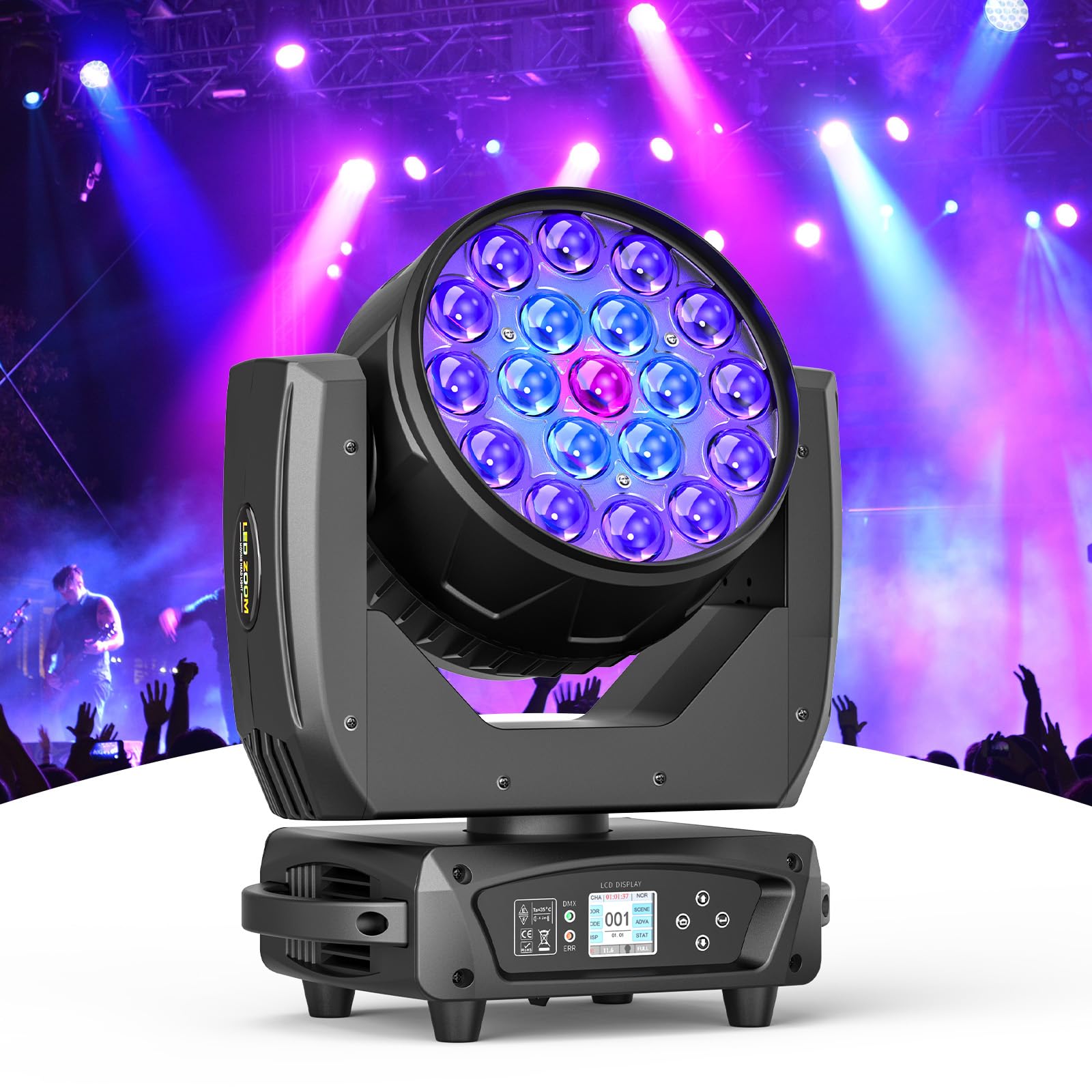DMX 512 luces de cabeza móvil de 19 x 10 W, luces de escenario de control activado por sonido, haz de lavado/zoom, luz de cabeza móvil para fiesta, discoteca, boda, iluminación de escenario