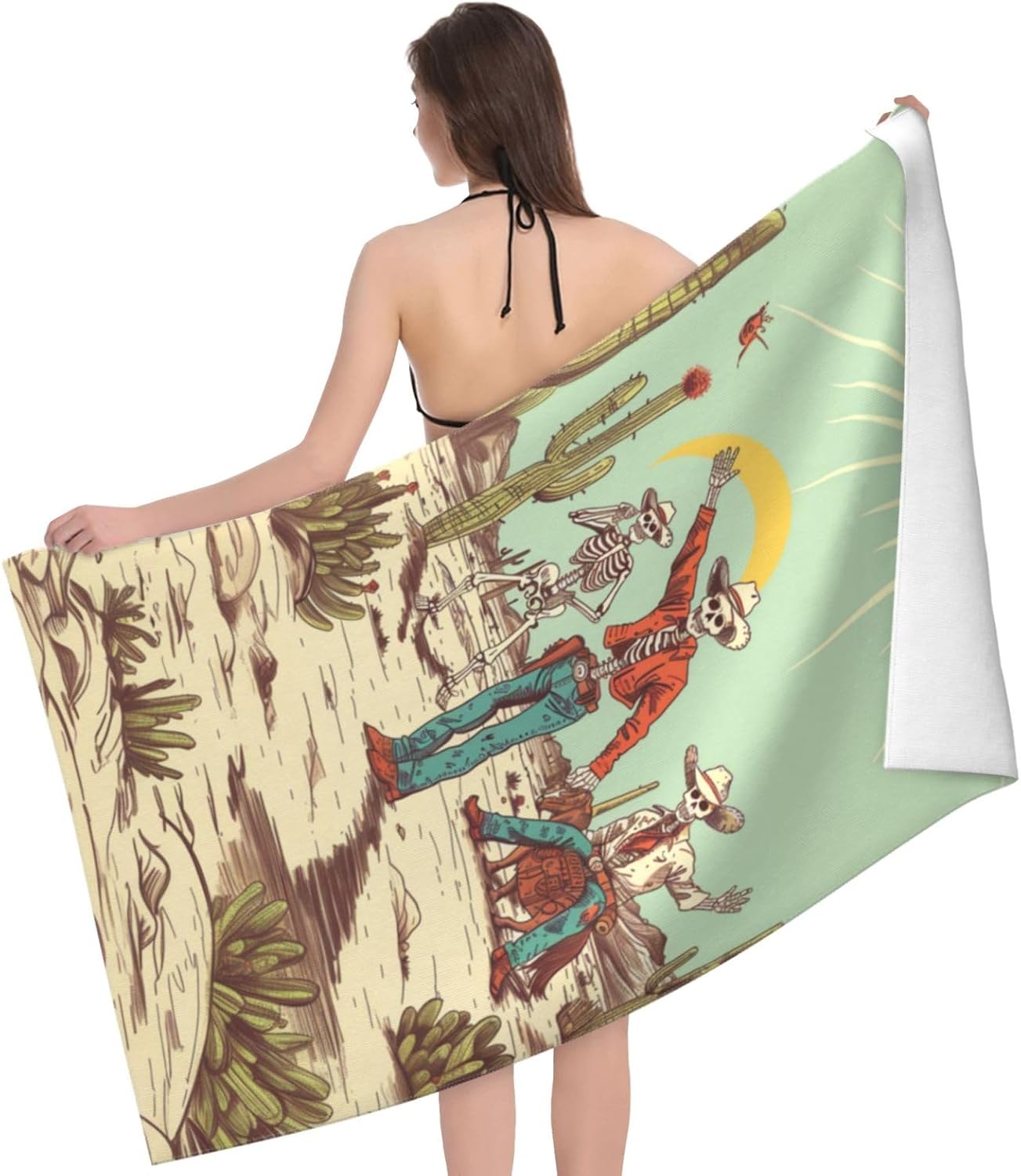 Retro Western Skeleton Beach Towel, 32x52in Microfiber Quick Dry Fun Cowboy Desert Cacti Vintage Bath Towels, Soft Lightweight Oversized Sand Free, for Travel Pool Swimming Gym Decor, Gifts