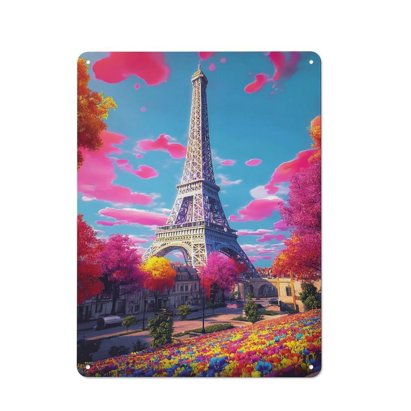 Junmoney Paris Eiffel Tower In Spring Tin Wall Plaque 40X30cm With For Home Bar Wall, For Hosts Who Enjoy Retro Interiors