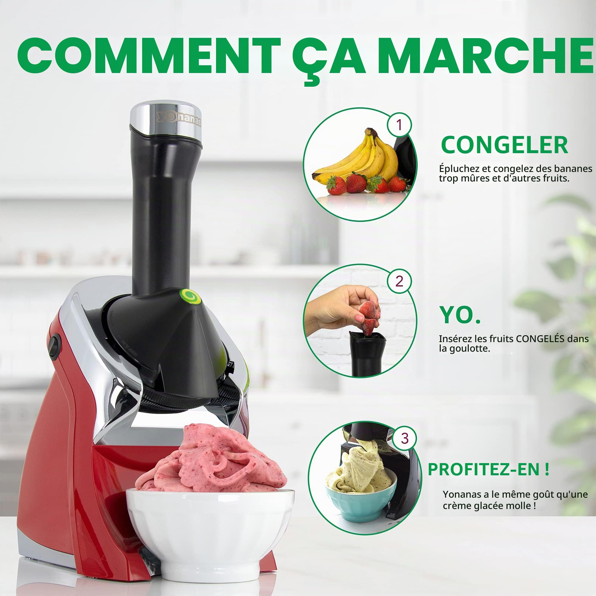 Yonanas 988RD Dessert Frozen Deluxe Design Premium Chrome Serve souple Serve est une alternative végétalienne à la crème glacée sans BPA Passe au lave-vaisselle avec 75 recettes et plus, 200 W, rouge