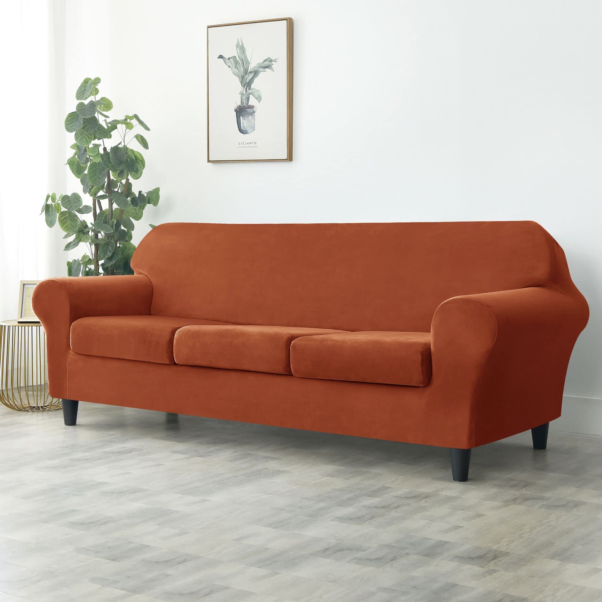 OBCREAT 4 Pieces Sofa Slipcover Stretch Velvet Sofa Covers for 3 Cushion Couch Soft Couch Cover with Elastic Bottom Non Slip Furniture Protector for Pets Kids (Burnt Orange, Large)