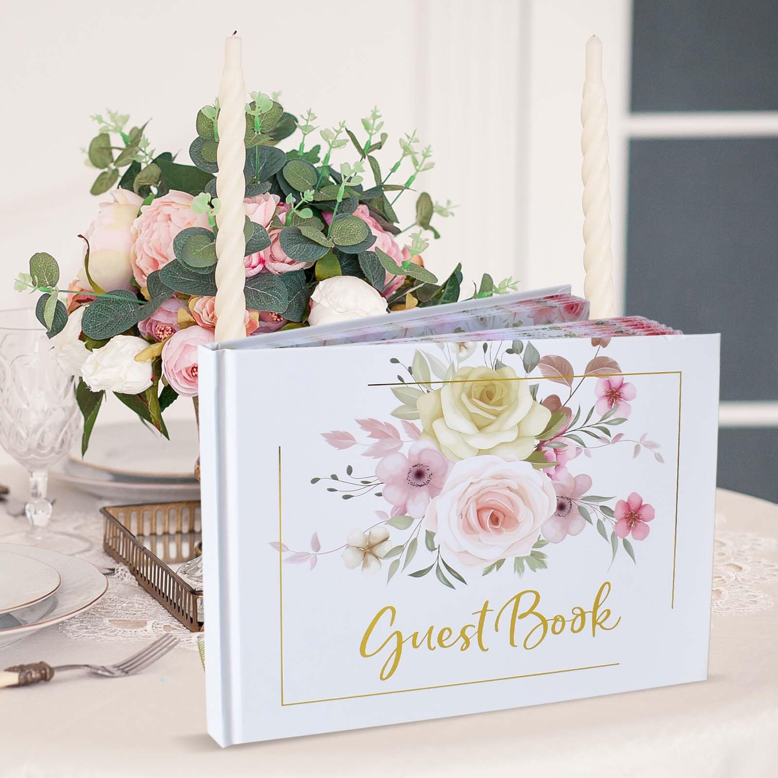 Libro de Firmas Boda, Libro de Invitados Boda con Portada Rígida con Pluma y 4 Pegatinas, para Celebraciones Elegantes y Álbum de Fotos DIY