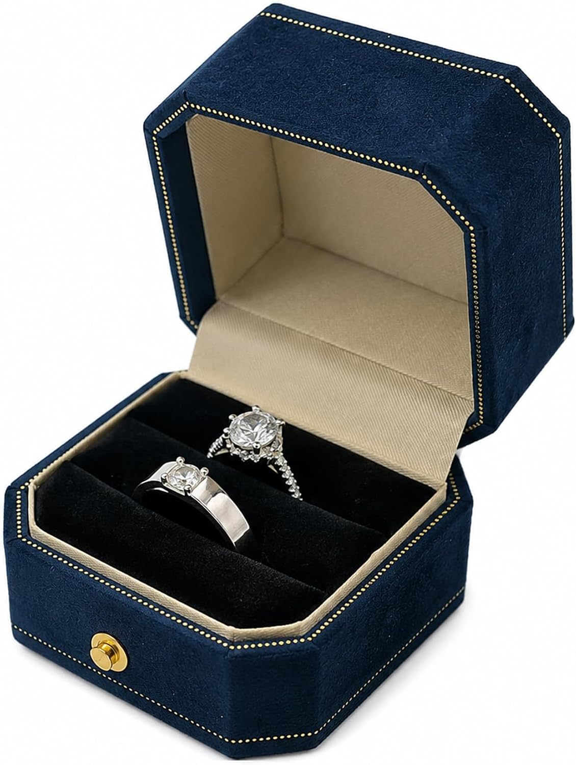 Velvet Ring Box - Octagon Engagement Ring Box with Hinged Lid for Proposal Engagement Wedding, Proposal Ring Case Jewelry Box with Gold Lace PRB003-Green