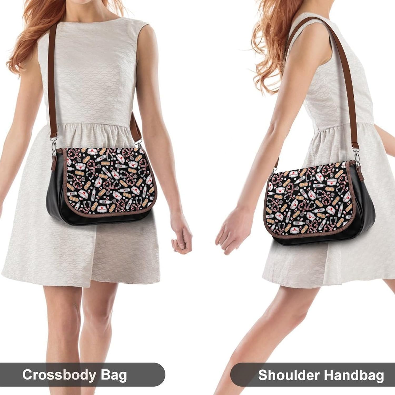 Nurse Love Print BlackWomen's Faux Leather Crossbody Bag, Waterproof Wrinkle-Resistant Shoulder Bag with Detachable Strap, Large Capacity Casual Handbag, Fashion Daily Purse for Shopping Work Dating,