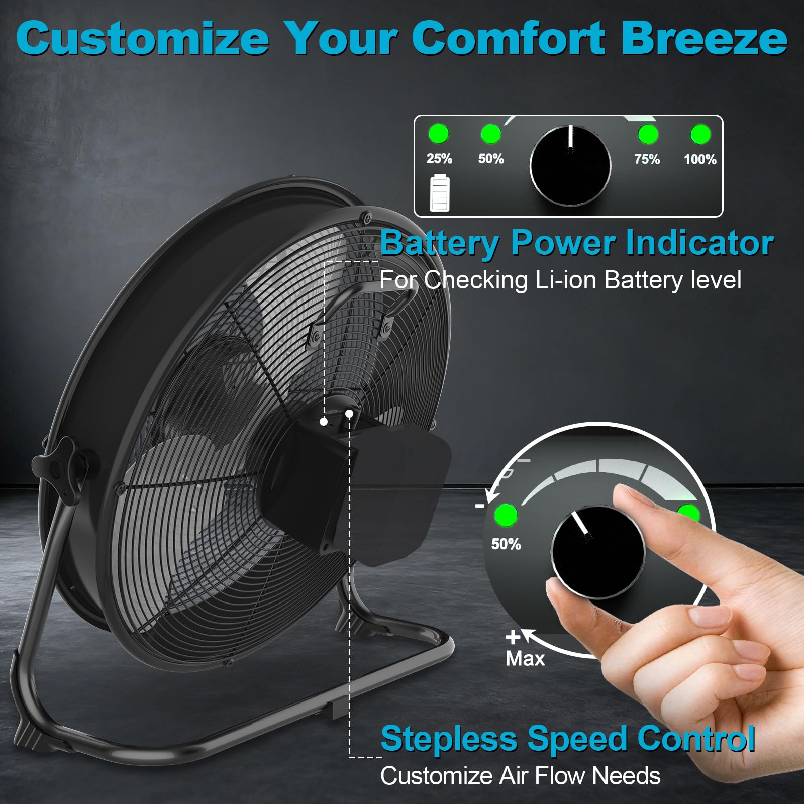T-SUN 40CM Ventilador de Suelo Industrial compatible con Batería Ma-kita/Adaptador de CA Ventilador de pie Portatil con 1450LM Luz LED, Regulación Continua de la Velocidad para Camping(Sin Batería)