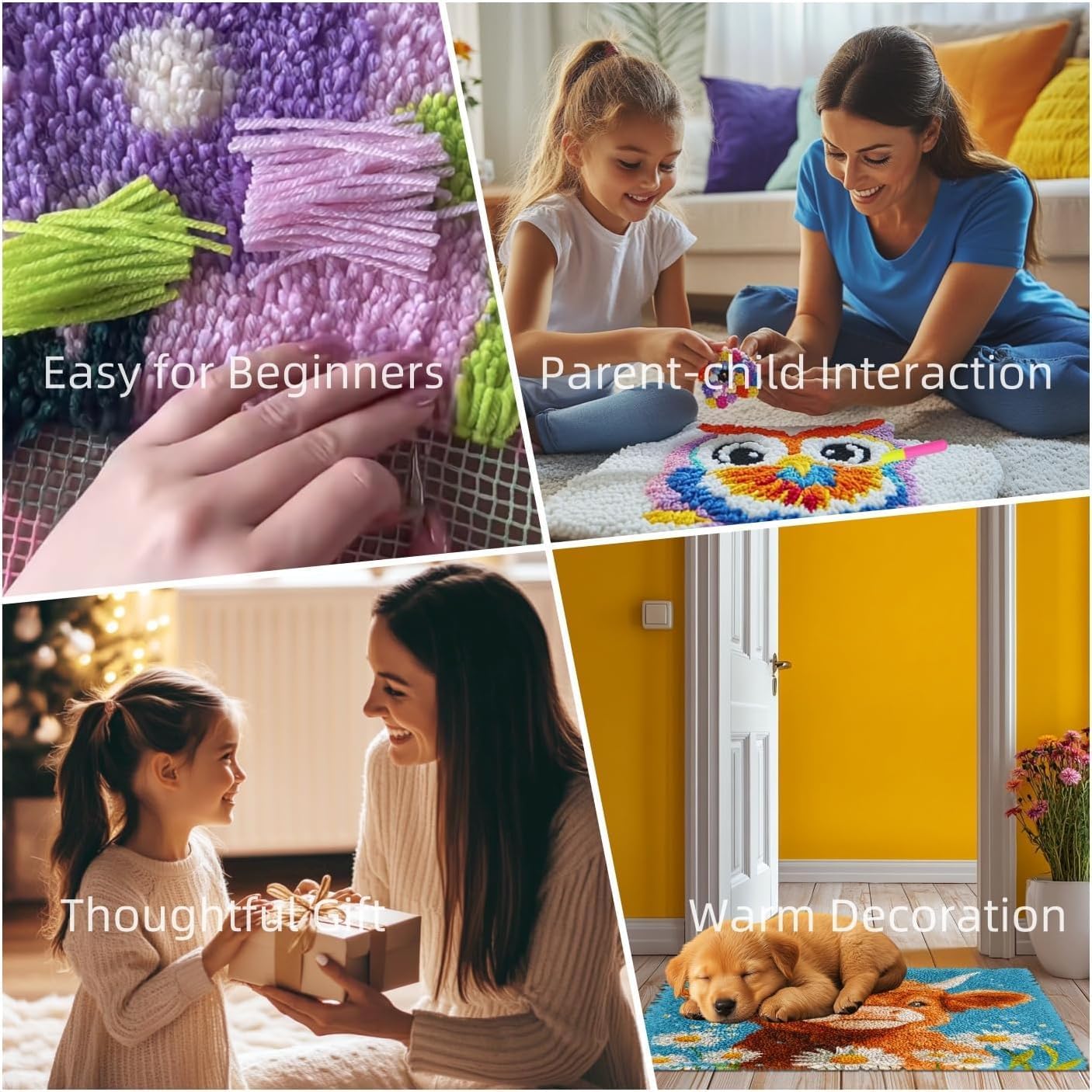 DIY Latch Hook Kit Daisy Flowers Mini Rug Easy for Beginners and Children Crochet Yarn Craft Hook and Latch Little Carpet for Home Decor 12x12inch