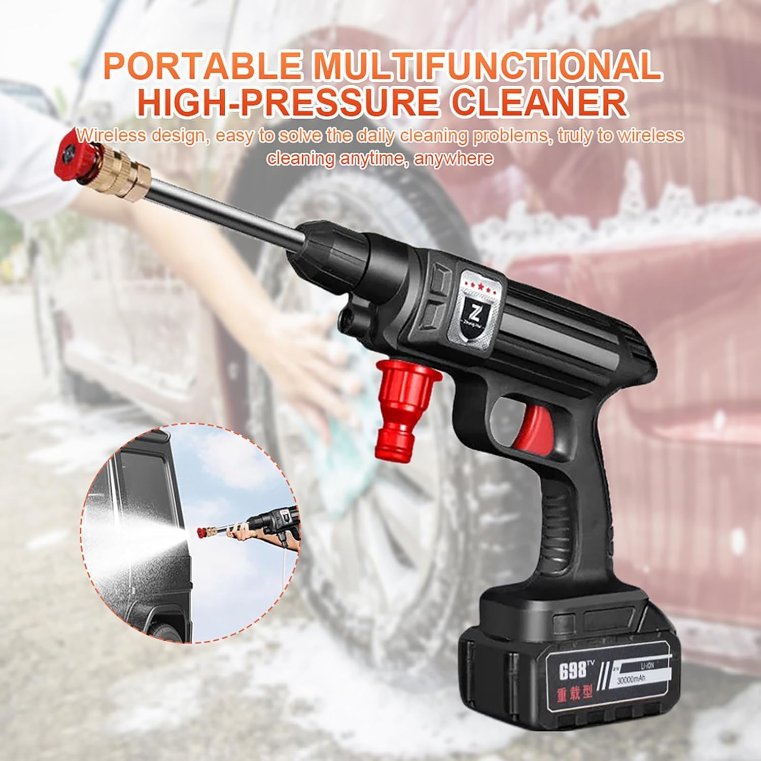 Accu-hogedrukreiniger, 21 V mobiele accu-hogedrukreiniger, plug and play drukreinigerpistool, multifunctionele druksproeier, draagbare hogedrukreiniger voor auto, terras, raam (2 batterijen, 2