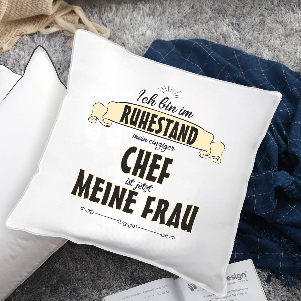 MoonWorks Kissenbezug 'Ich Bin Im Ruhestand' - Lustiges Rentner-Geschenk 40x40 Cm, 100% Baumwolle, Weiß