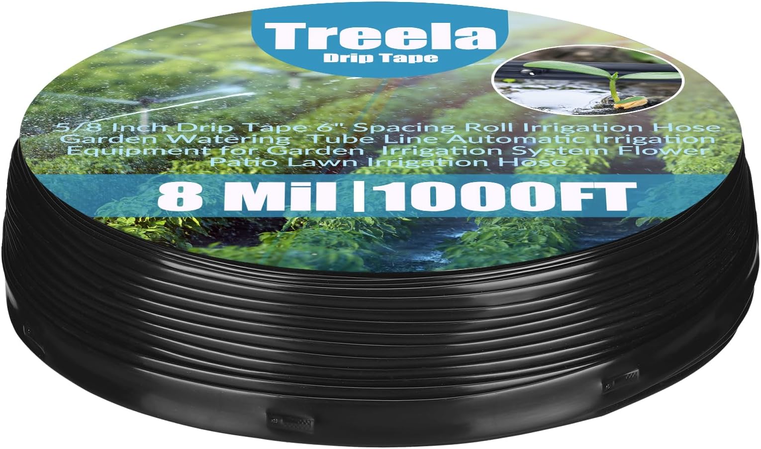 - Treela 1000ft 5/8 Inch Drip Tape 6" Spacing Roll 8 Mil Irrigation Hose Garden Watering Tube Line Automatic Equipment for Garden Irrigation System Flower Patio Lawn Hose