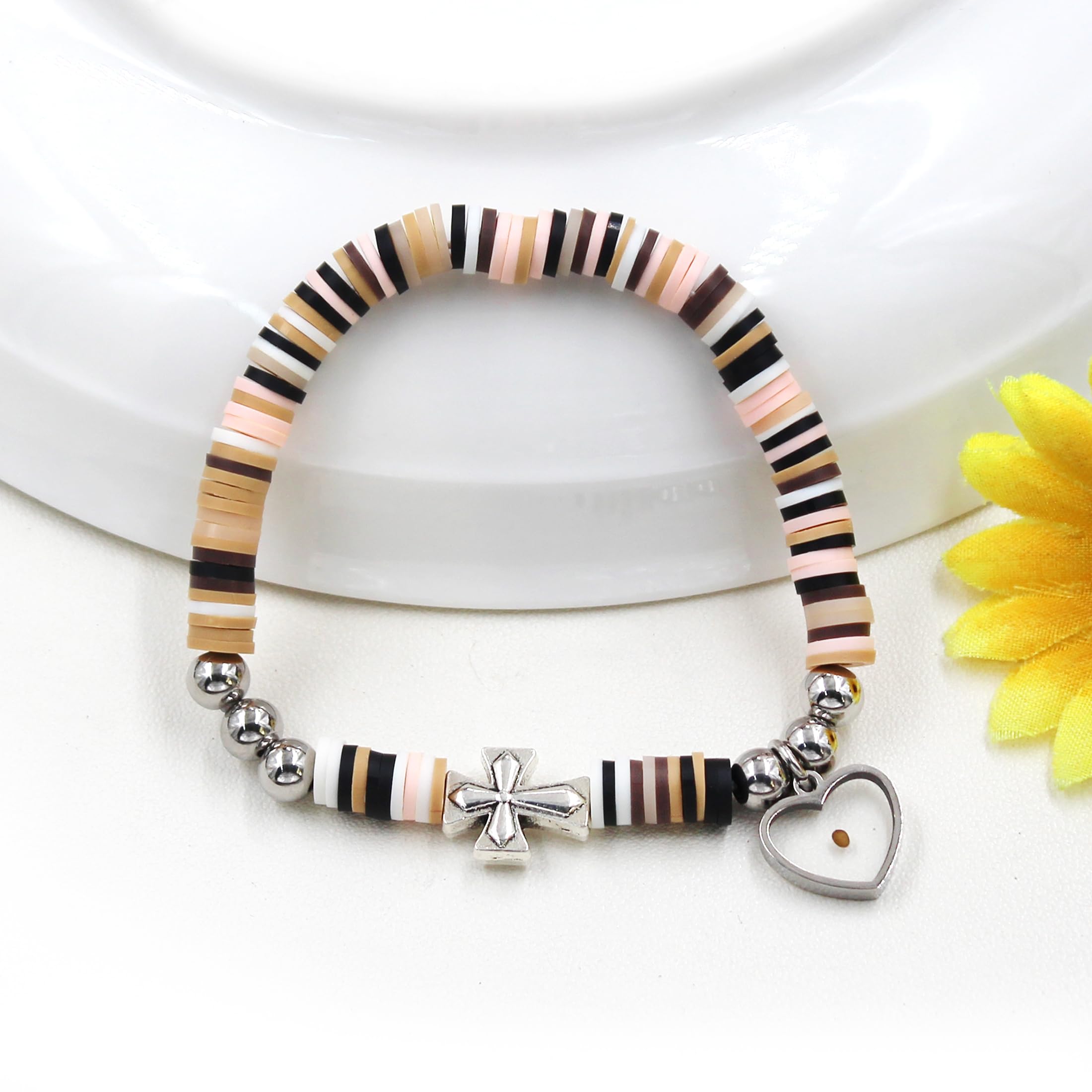 LLXYWJ Pulseras de Cuentas de Arcilla polimérica Heishi de Vinilo, Estilo Degradado, Pulsera Cruzada Lateral a la con Dije de corazón y semilla de Mostaza