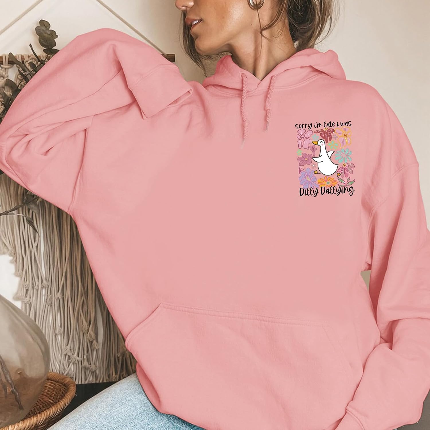 BINTEHGS Funny Silly Goose Hoodie for Teen Cute Flower Graphic Hooded Sweatshirt Kawaii Duck Print Tops Fleece Sweaters