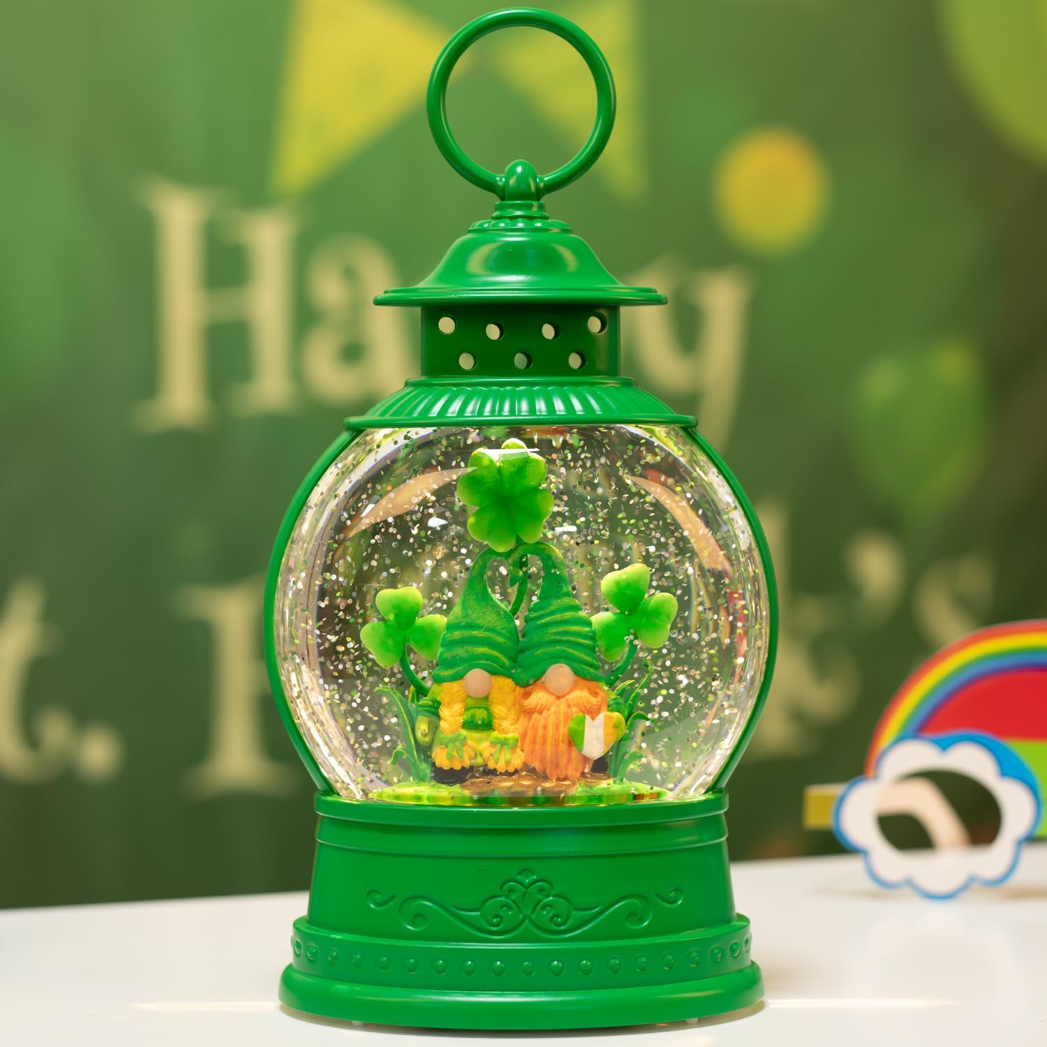 St Patricks Day Lucky Shamrock Gnomes Snow Globe for St Patricks Day Decorations,6H Timer, USB/Battery Operated,St Patricks Day Decor for Home Indoor/Outdoor and Home Party Supplies - Image 2