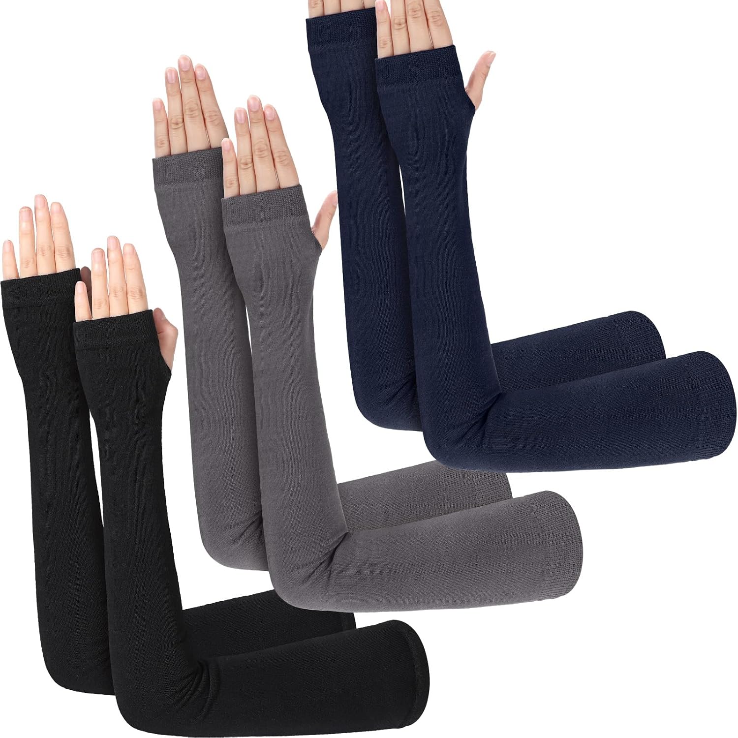 3 Pairs Sun Protection Arm Sleeves 23.6 Inch Long Fingerless Gloves for Women Cotton Arm Wrist Warmer with Thumb Hole