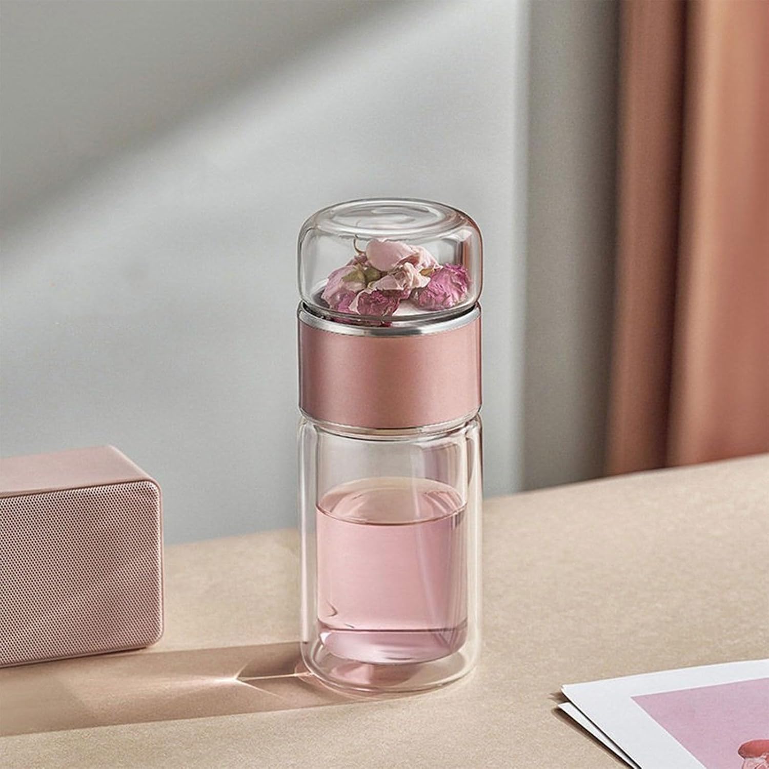 Leakproof Teas Infuser Builts in Teas Filter Double Layer Glass Cup for Travel Home Safe Cup with Strainer Lid