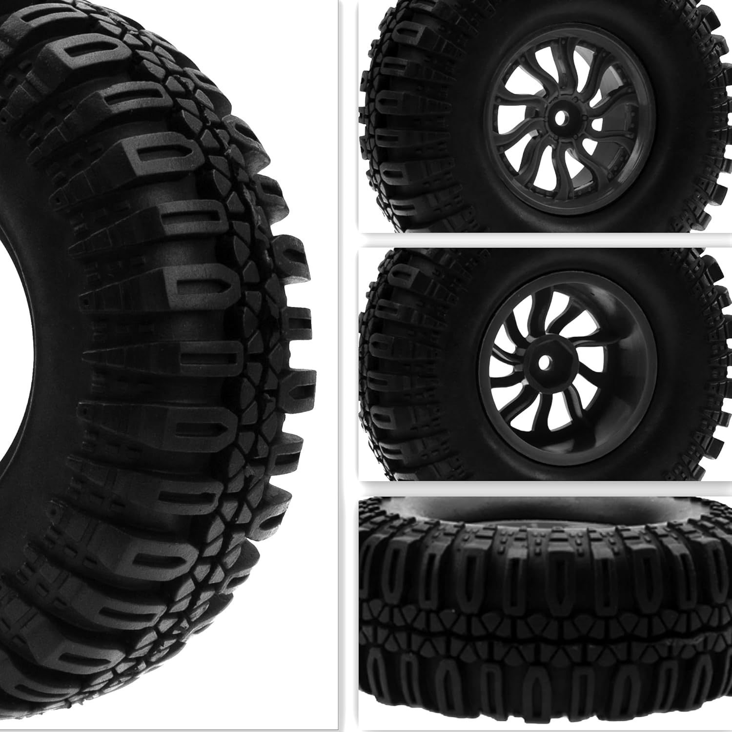 RC 1.9" RC Tires and Wheel Nylon Rims 12mm Hex Hub OD 106mm/4.25" Rubber Tyre 10-Spoke Compatible with 1/10 Axial SCX10 RC4WD D90 Tamiya CC01 TF2 Traxxas TRX4 RC Crawler (Black)