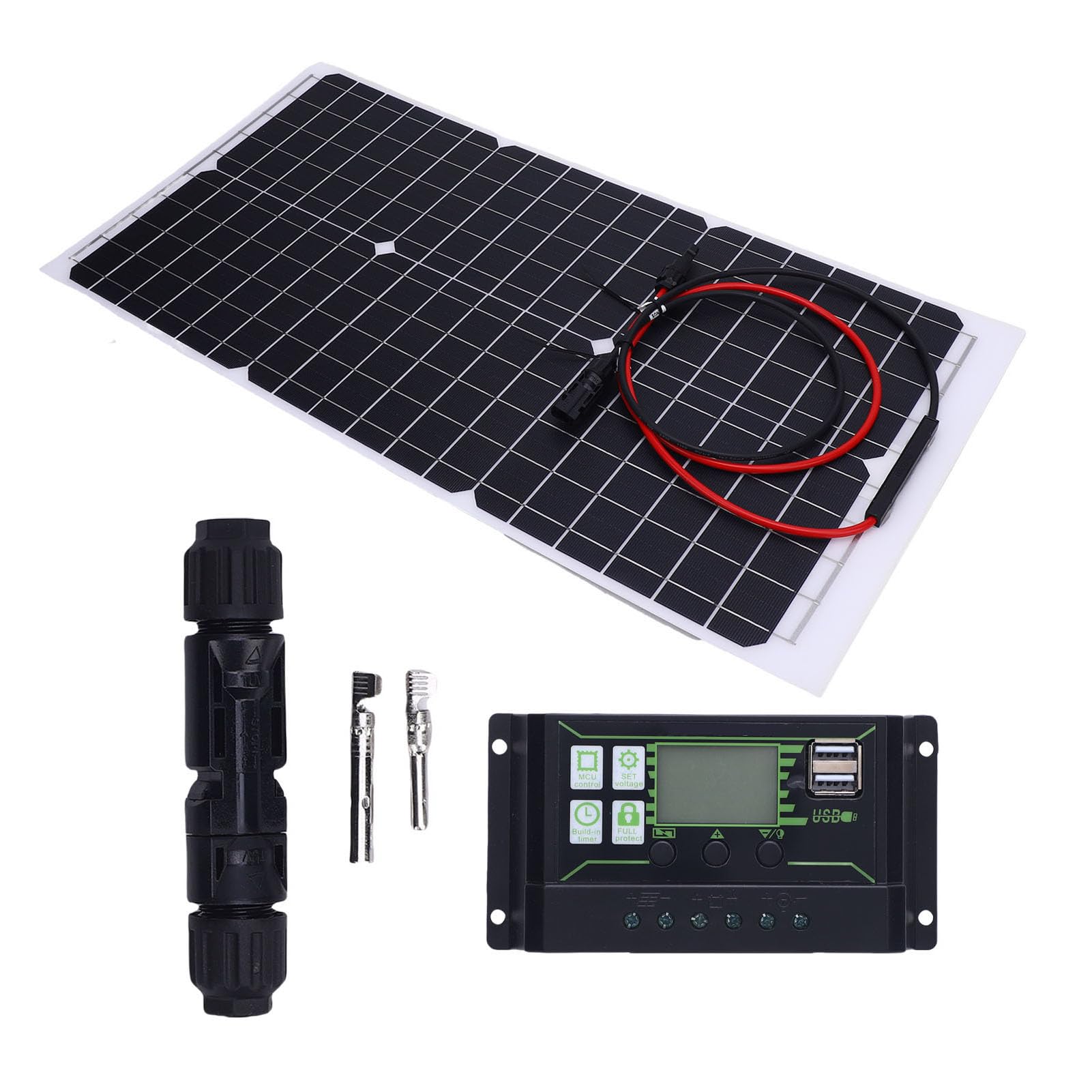 Generic Zestaw Kontrolera Panelu Słonecznego Wydajny Panel ładujący z Krzemu Monokrystalicznego 30 W 18 V do Domowej Szklarni Kempingowej, Wodoszczelna Konstrukcja