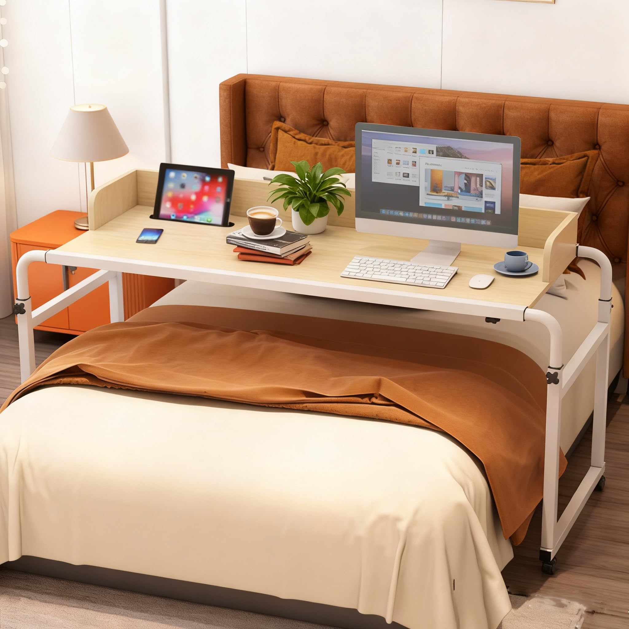 HPTHLY Adjustable Overbed Hospital Table & Mobile Laptop Cart With Wheels Height & Width Adjustable Computer Desk For Work & Dining (Wood)