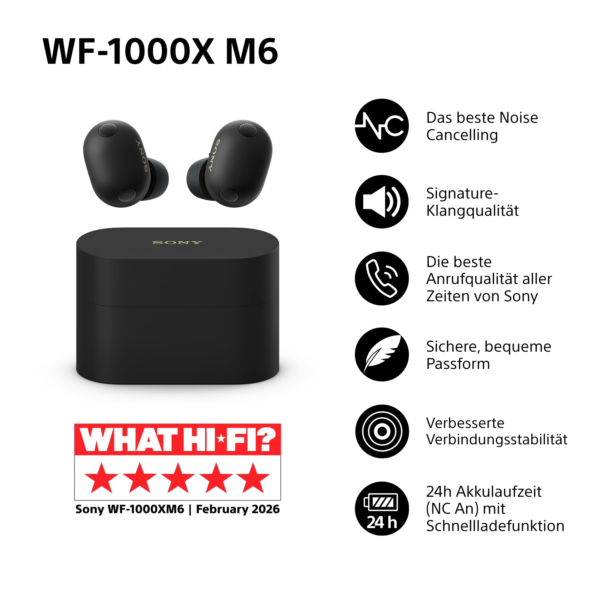 Sony WF-1000XM6 Flagship kabellose Noise Cancelling-Kopfhörer, Bluetooth, In-Ear-Kopfhörer, Sony Hi-Res-Sound, klare Anrufe, 10-Band-EQ, 24 Std.-Akkulaufzeit (NC An), IPX4 – Schwarz