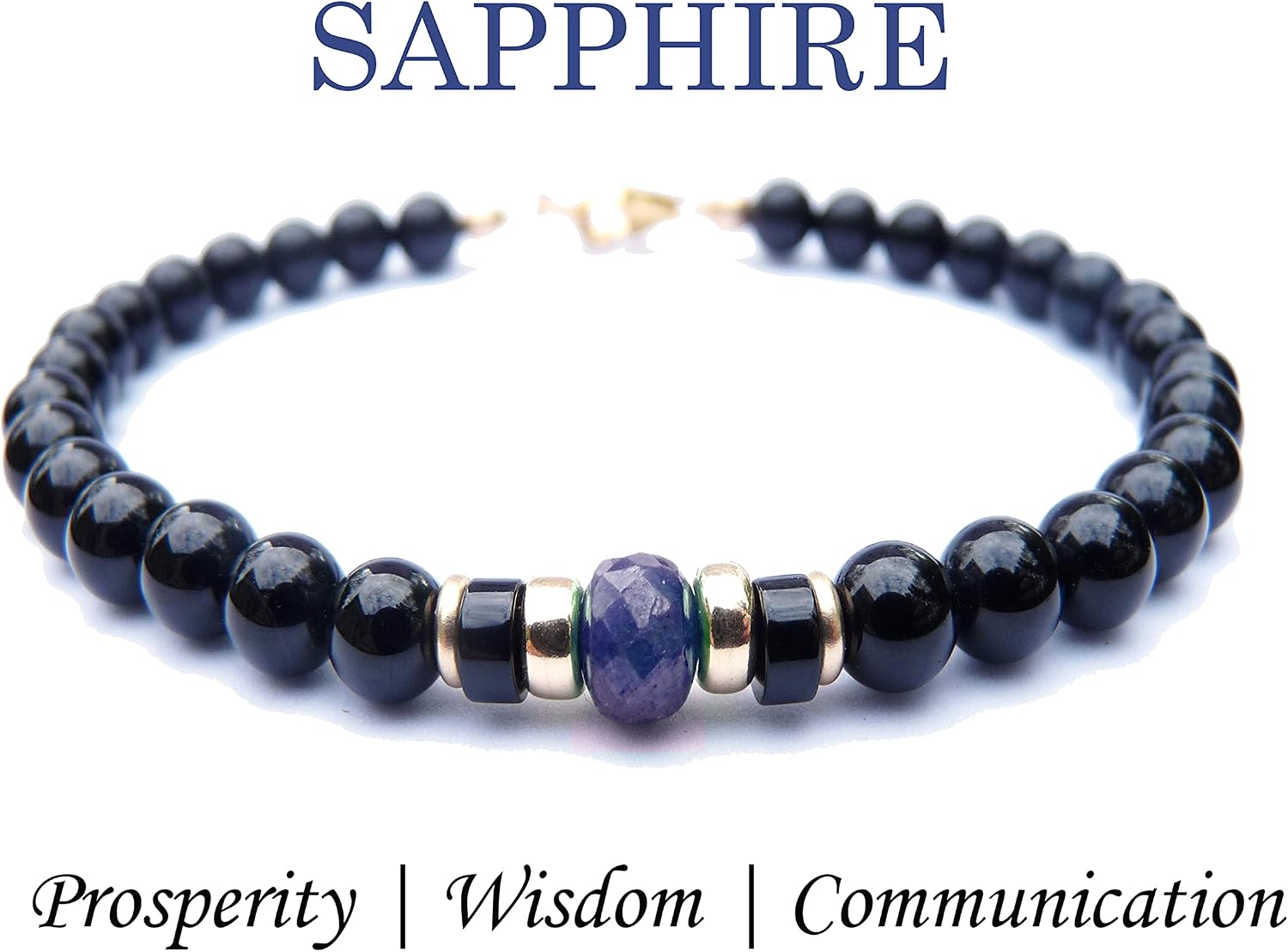 DAMALI Mens 14K GF Genuine Faceted Sapphire September Birthstone Gemstone Beaded Bracelets, Husband Father Son Boyfriend Gifts for Him, Jewels for Gents (M) 7.50 Inch