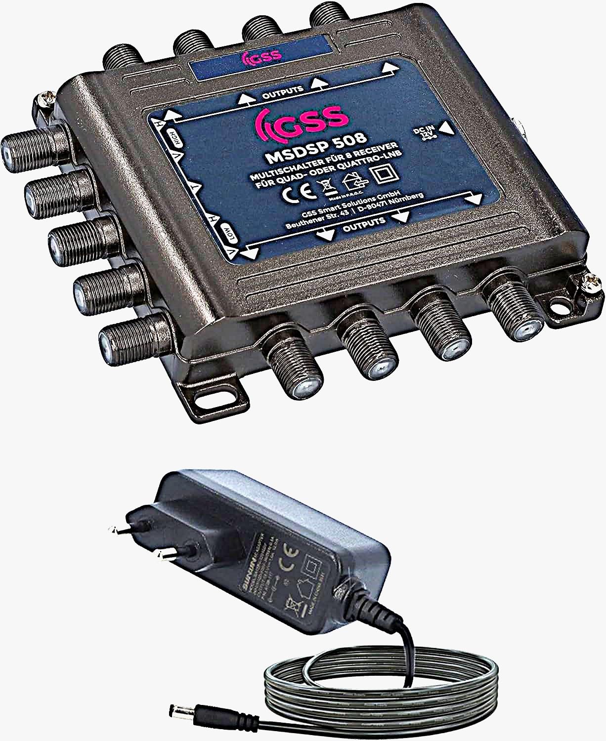 GSS Multiswitch 5/8 para Quattro y Quad LNB, Multiswitch para 1 satélite y 8 participantes (TV TV, receptor de satélite), distribuidor Matrix Satélite, HD 4K Digital, para cuenco, antena de espejo