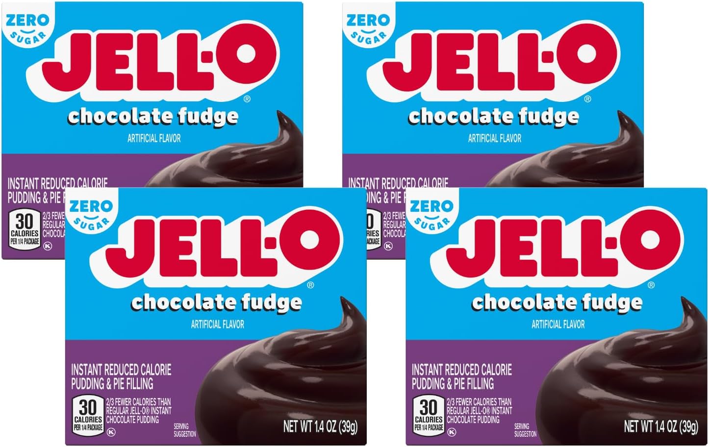Jell-O Instant Pudding & Pie Filling Mix, Chocolate Fudge Flavored, Zero Sugar, Reduced Calorie, Quick & Easy Dessert, 1.4 oz (Pack of 4)
