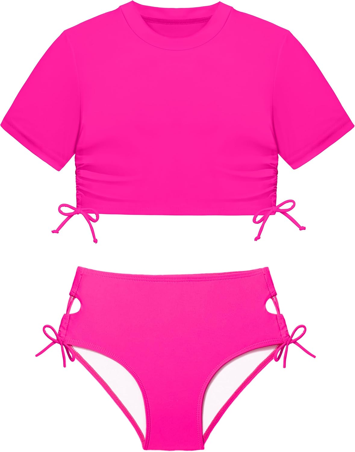 CRISONE Girls Swimsuits Short Sleeve Bathing Suit Solid 2 Piece Drawstring Swimwear