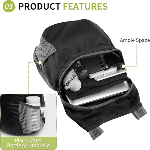 Miniatura 5 de 20L Ultra Hiking-Daypack Mochila plegable ligera de viaje plegable para acampar Ciclismo al aire libre, negro