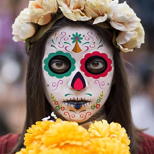 Miniatura 4 de Calcomanía de tatuaje facial temporal de Halloween, maquillaje de cara completa del Día de los Muertos, disfraz de fiesta, calavera de azúcar,