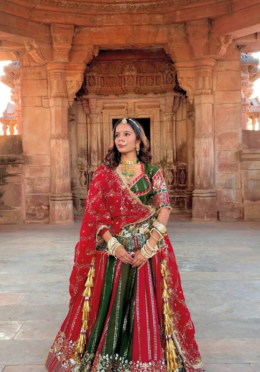 JIYAN Traditional Rajasthani Lehenga Choli Set, Red and Green, Embroidered Dupatta, Festive Wear