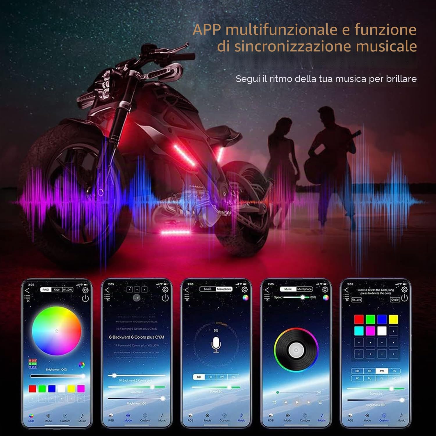 Kit luce LED da 12 pezzi, striscia LED RGB per moto con modalità musica, funzione luce freno multicolore, controllo APP wireless, DC 12 V