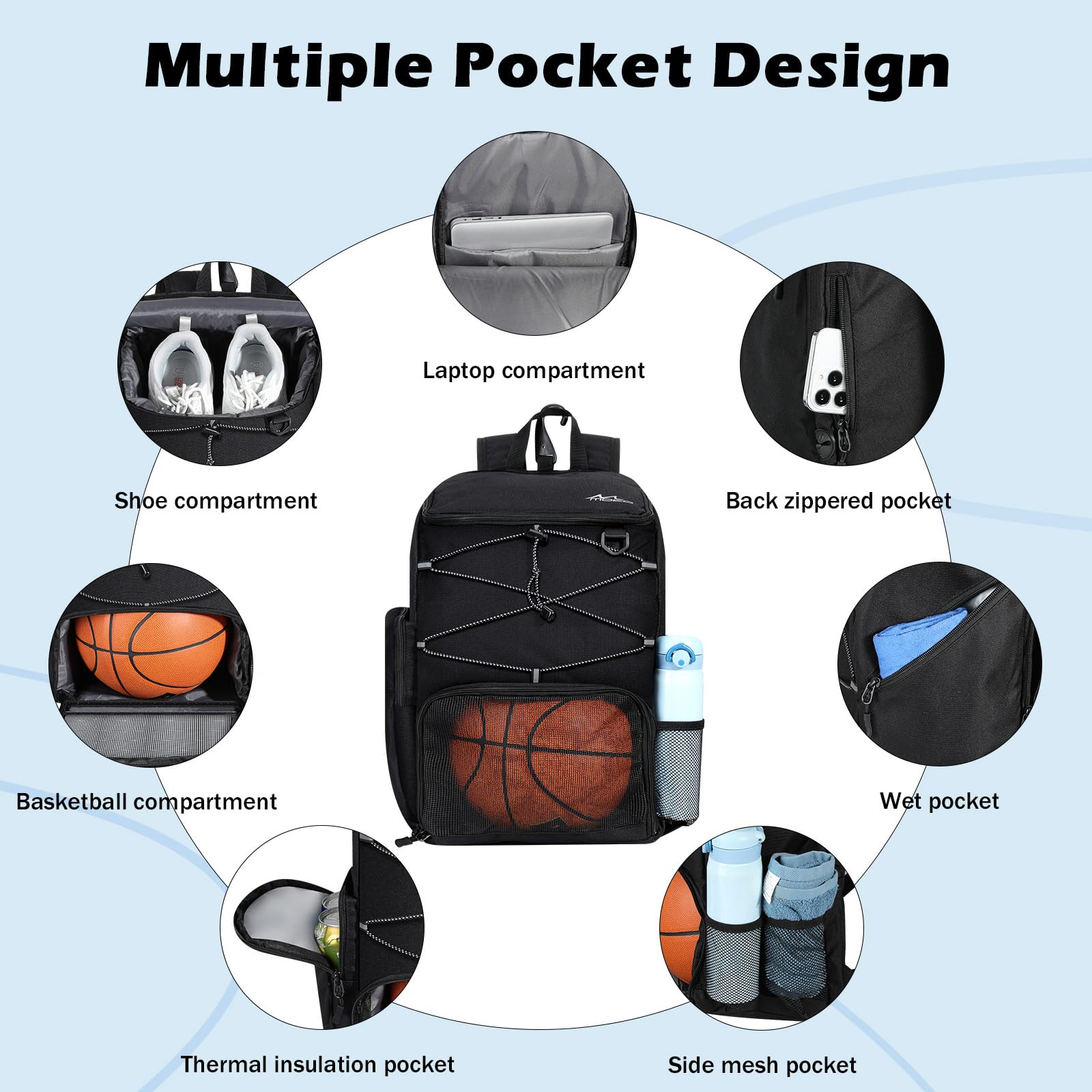 MoKo Sac de basket-ball, sac à dos de basket-ball avec sac à chaussures respirant, sac à dos avec plusieurs poches, crochet de clôture caché et port de charge pour les amateurs de sport de ballon