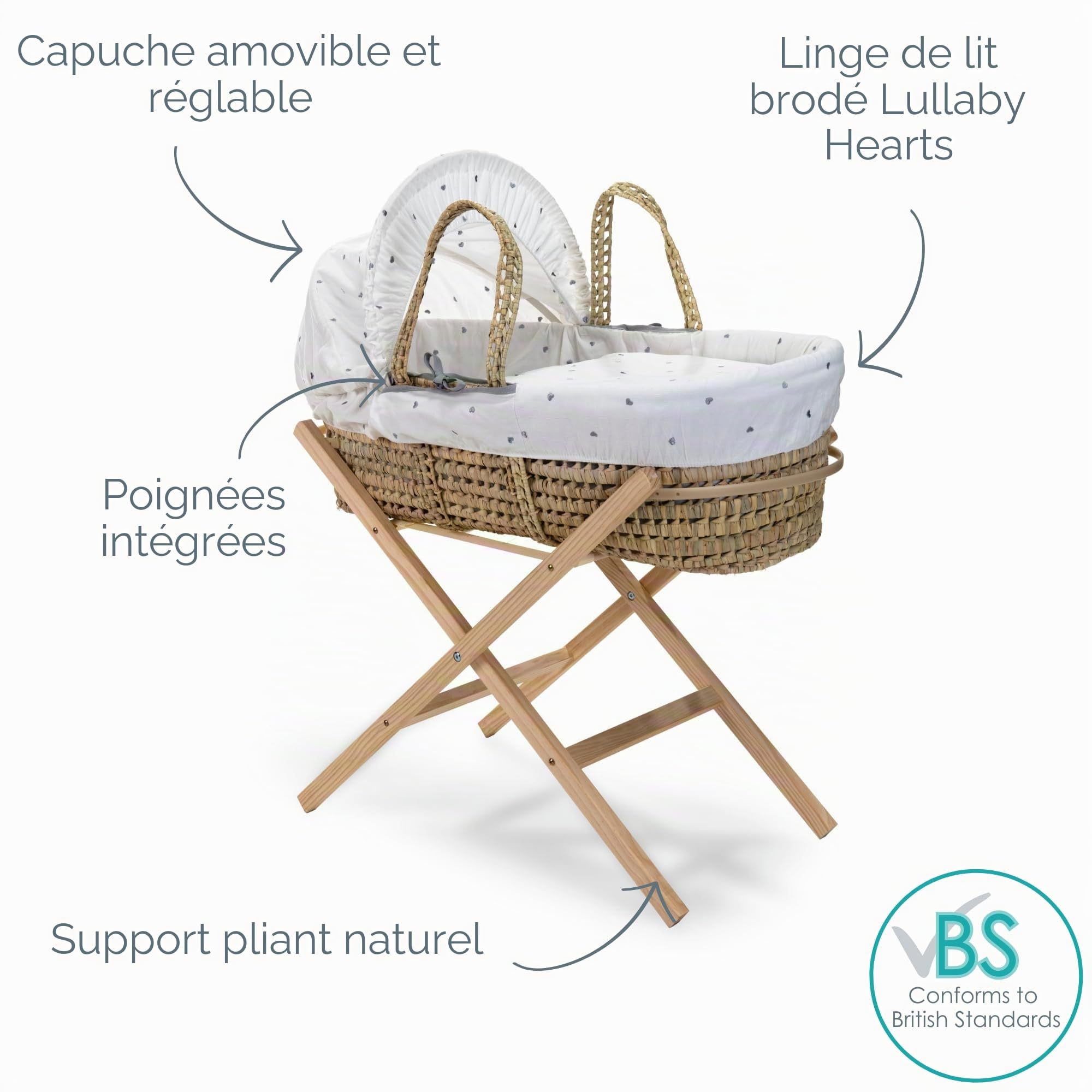 Clair de Lune Lullaby Couffin en Palmier avec Support Pliable Naturel 75 x 28 cm