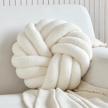 Ivory Knot Pillow Round Throw Pillow Seat Cushion Handmade Knotted Floor Pillow for Sofa Living Room Lambs Wool Home Decor