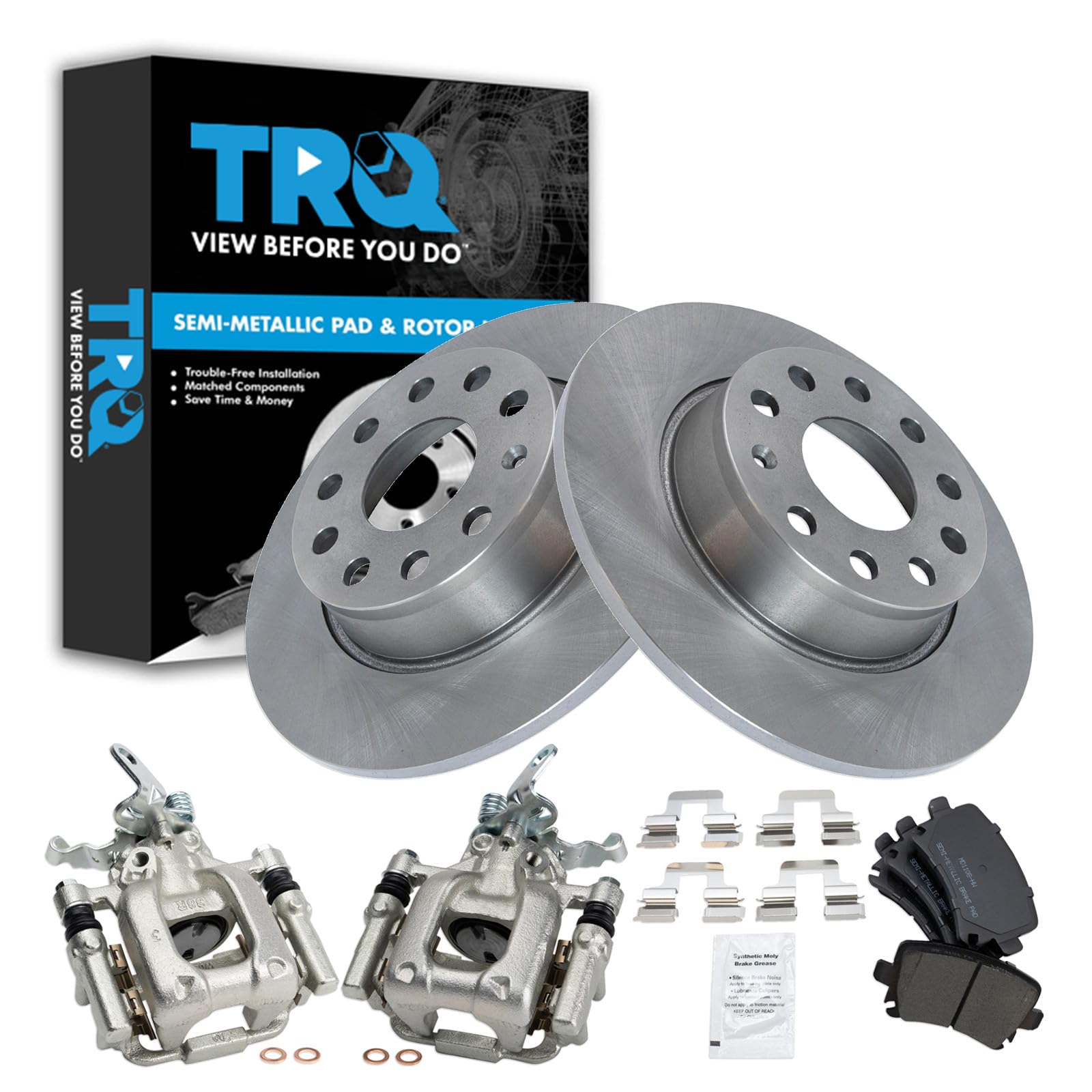 TRQ Rear Brake Pad and Rotor Set Semi Metallic Rotors Calipers Compatible with 2010 Audi A3 A3 Quattro Volkswagen Jetta