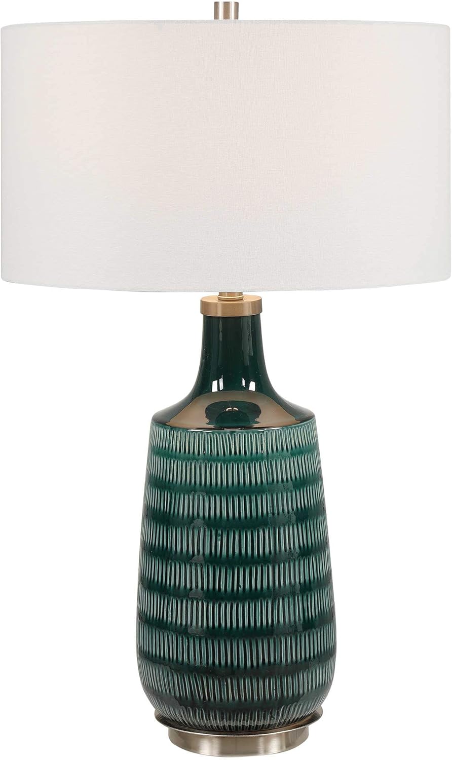 MY SWANKY HOME Elegant Carved Teal Blue Green Ceramic Table Lamp Ribbed Textured Vertical Lines
