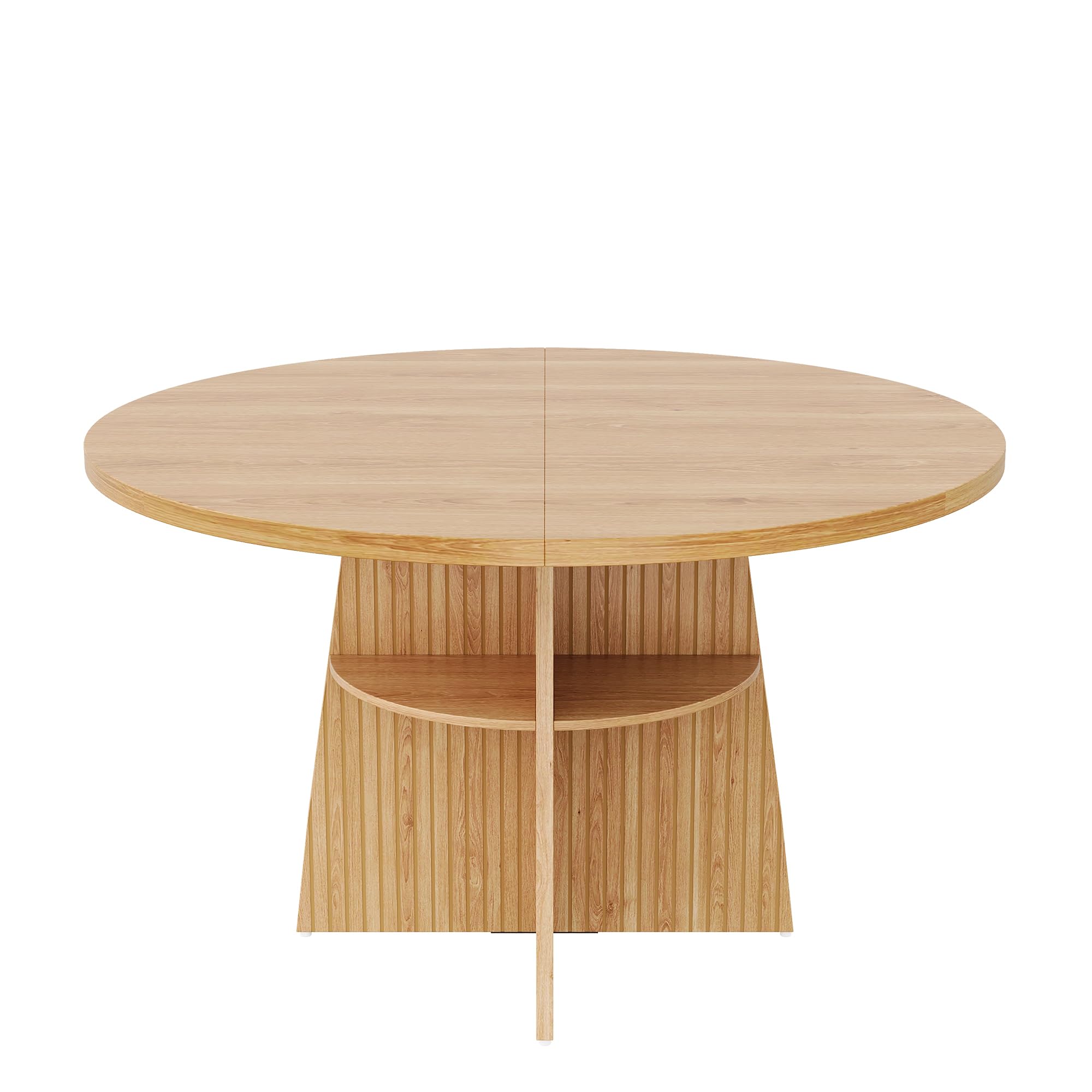 Mesa de comedor redonda extensible, 110-150 x 110 x 77,5 cm, ahorra espacio, para 2-8 personas, con tablero extensible y estante integrado, mesa moderna de madera en aspecto natural, natural
