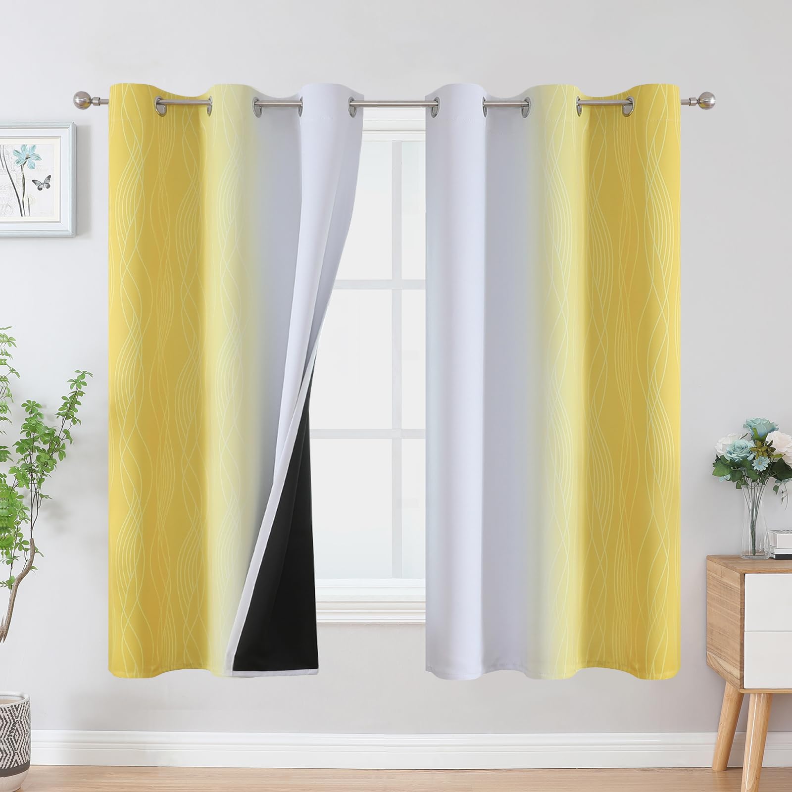 Yellow and Greyish White Ombre Blackout Curtains for Living Room 63 Inch