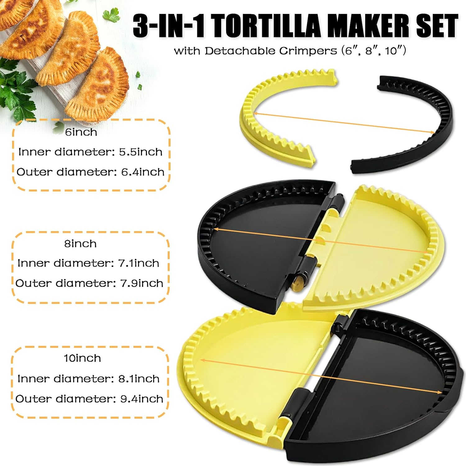 Tortilla Sealer, 3-in-1 Upgraded Quesadilla Maker with 6", 8", and 10" Fully Removable Presses, a Dish Brush and Dishcloth, Adjustable & Detachable Crimper for Burritos, Tacos, Dumplings and Calzones