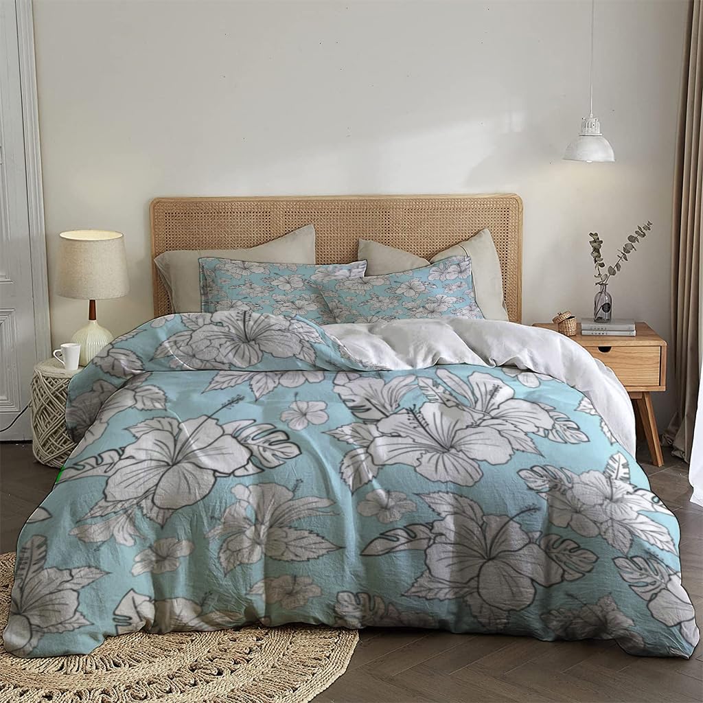 NIBAINLO 布団カバー黒と白のハイビスカスの熱帯の花 肌に優しい ピーチスキン加工 掛け布団カバー 和式 洋式 あったか 布団カバーセット リバーシブル ホームステイ ホテル 家庭兼用