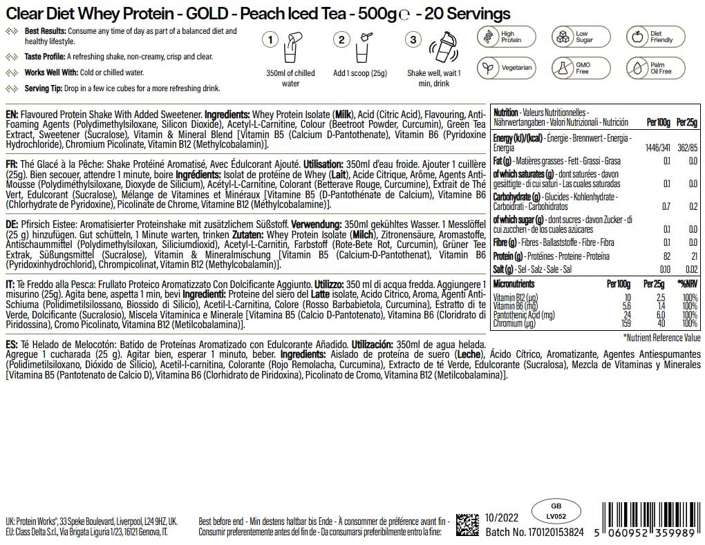 Protein Works – Poudre d'isolat de protéine de lactosérum Clear Diet, thé glacé à la pêche, 20 shakes, boisson rafraîchissante à haute teneur en protéines, 500 g
