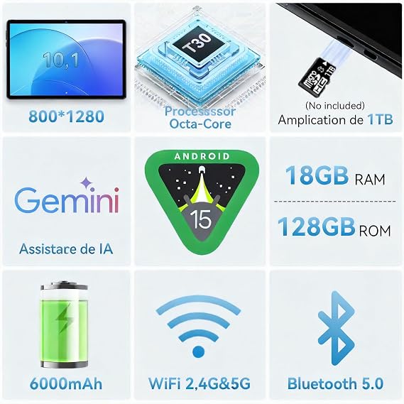 Tablet Android 15 de 10 Pulgadas Gris, 6GB RAM (hasta 18GB) 128GB, Octa-Core T30, Pantalla IPS 1280x800, Batería 6000mAh, WiFi Dual, GPS, Desbloqueo Facial, Bluetooth, USB-C, TF 1TB