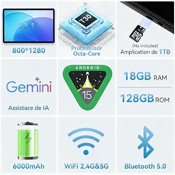 Tablet Android 15 de 10 Pulgadas Gris, 6GB RAM (hasta 18GB) 128GB, Octa-Core T30, Pantalla IPS 1280x800, Batería 6000mAh, WiFi Dual, GPS, Desbloqueo Facial, Bluetooth, USB-C, TF 1TB