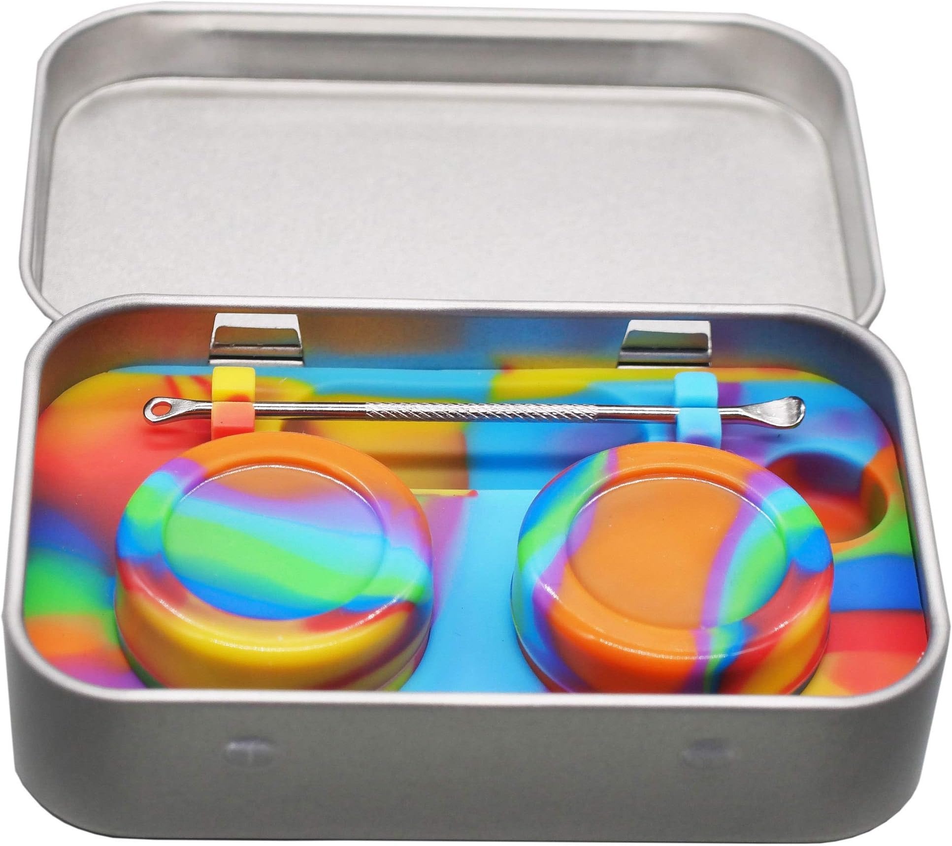 Portable Silicone Carving Travel Tin Kit with Non-stick 5ml Concentrate Containers (Rainbow)