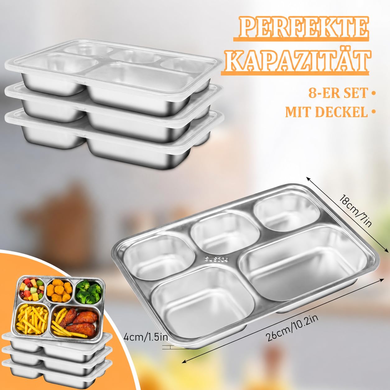 Lot de 8 assiettes divisées en acier inoxydable avec couvercle, boîte à goûter rectangulaire divisée à 5 compartiments pour enfants, assiette à portions en métal pour adultes, camping, école
